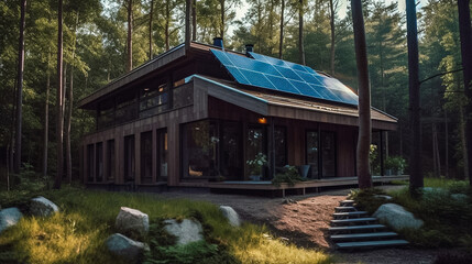 Modern small house witrh solar panels in the forest. Ai generated illustration