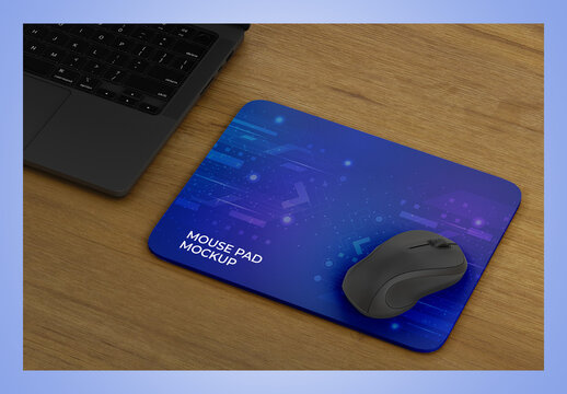 Mouse Pad on Wooden Table Mockup