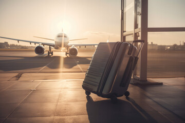 Naklejka premium Suitcases in airport with airplane in background created with AI