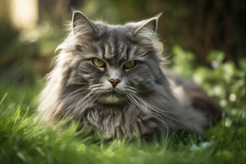 Naklejka na ściany i meble A summertime lawn scene featuring a gray, fluffy cat on green grass. Generative AI