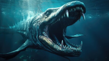 Sea monster open its mouth with teeth, fantasy underwater creature, generative AI