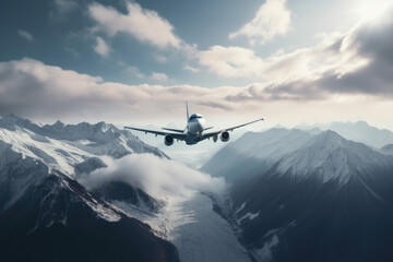 Fototapeta na wymiar Airplane in the sky with mountains in background created with AI