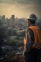 Engenheiro de costas olhando para o canteiro de obras arquiteto oper&aacute;rio constru&ccedil;&atilde;o pr&eacute;dio IA Generativa