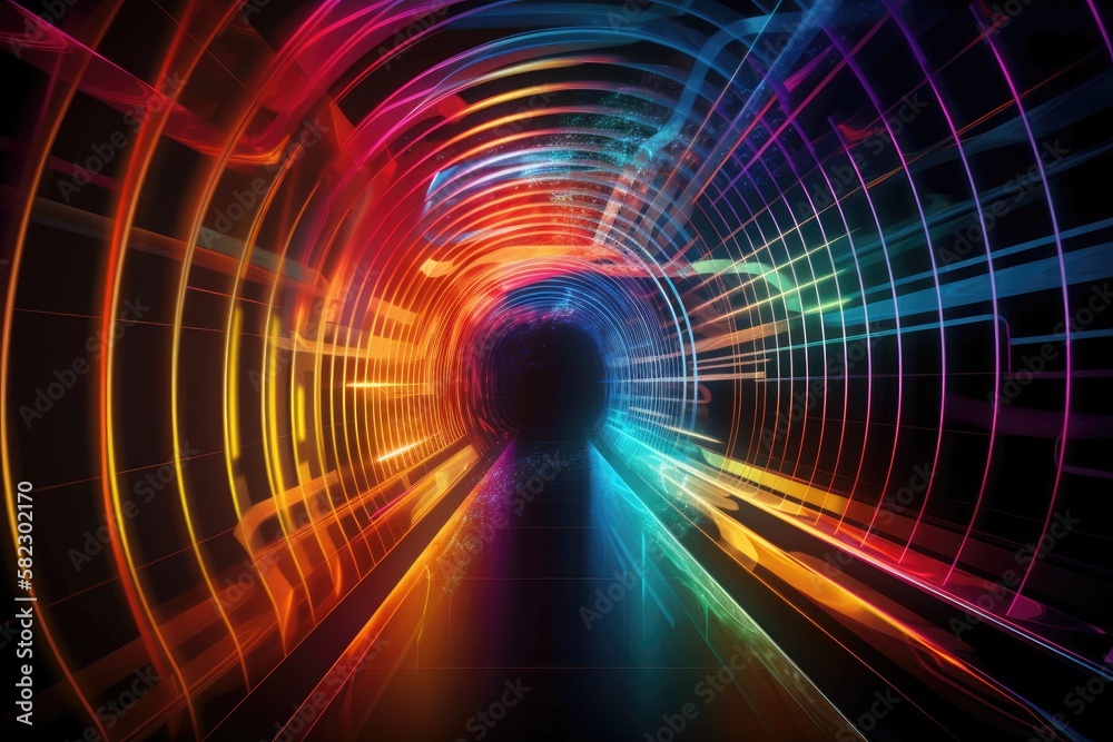 Wall mural Background of a multicolored spectrum abstract tunnel. Neon light beams and bright glowing lines were speeding across the night. Generative AI