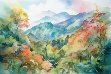 Fototapeta na wymiar The vibrant vistas in the watercolor painting. Generative AI