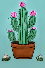 Watercolor with tall flowering cactus with pink flowers in a ceramic garden pot. Illustration for greeting cards, invitations, and other printing projects. on green background isolated. Generative ai