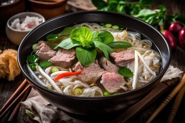 vietnamese beef pho bo soup in bowl on table top with spring rolls and appetizers. Generative AI - obrazy, fototapety, plakaty