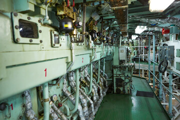 Ship's engine room. Vessel's ( Ship ) Engine Room Space / industrial stairs. Ship's Engine Heavy...