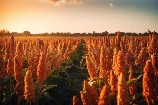 Biofuel and new boom Food, Sorghum Plantation industry. Field of Sweet gluten free Sorghum stalk and seeds. Millet field. Agriculture field of sorghum, Durra, Milo, or Jowari. Healthy nutrients