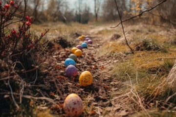 Obraz premium A field with yellow and purple flowers, and some Easter eggs on the ground. Generative AI.