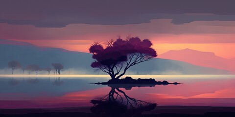 Lake with Fog during Sunset, generative ai
