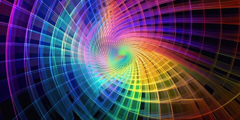 High res abstract background of radius pattern in radiant colours, spiral twisted vortex tunnel shape,  poster and banner background, ratio 2-1, generative AI