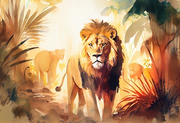 Watercolor Illustration of a A Lion In The Jungle Leading The Group Of Lions With Sunlight In The Backdrop. Art. Generative AI