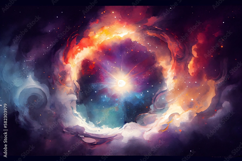 Wall mural watercolor illustration of a birth of a star in space during a nebula explosion. nuclear fusion of c
