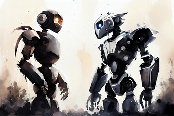 Fototapeta premium Watercolor Illustration of a Black And White Robots Look At Each Other With Shining Eyes. The Concept Of Confrontation, Rivalry, Competition. Generative AI