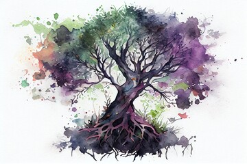 Obraz na płótnie Canvas Watercolor Illustration of a Beautiful Magic Tree, The Beginnings Of Life, A Family Tree. Generative AI
