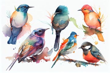 Fototapeta premium Watercolor Illustration of a Colorful Birds On A White Background. Generative AI