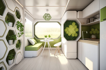 Interior design of modular micro apartment, contemporary futuristic furniture, white and green micro kitchen, biophilic green balcony. AI generative