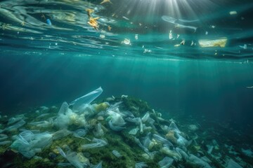 Naklejka na ściany i meble Underwater plastic pollution is a problem. Generative AI
