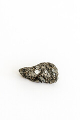 sparkling pyrite, fool's gold crystal geode rock on white