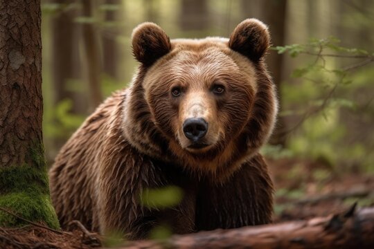 a large brown bear in the springtime woodland. Generative AI