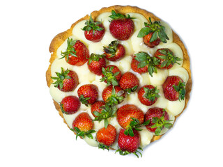 Cake topped with fresh strawberries. Creamy shortbread cake on a white background. Tasty food. Caloric nutrition.   Handmade dessert isolate