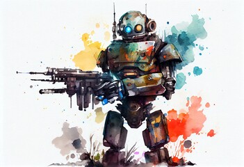 Watercolor Illustration of a Robot Is Armed, Protection Or Evil Robot With Gun, Humanoid Robot Artificial Intelligence. Generative AI