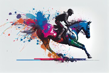 Fototapeta na wymiar Colorful Jump, Equestrian Sport Horse Horizontal Banner. Generative AI