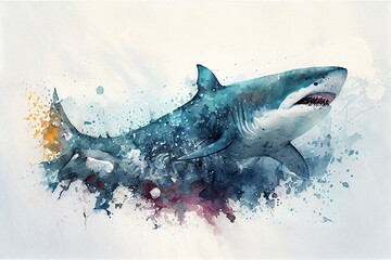 Watercolor Illustration of a Shark Under Water Art. Generative AI