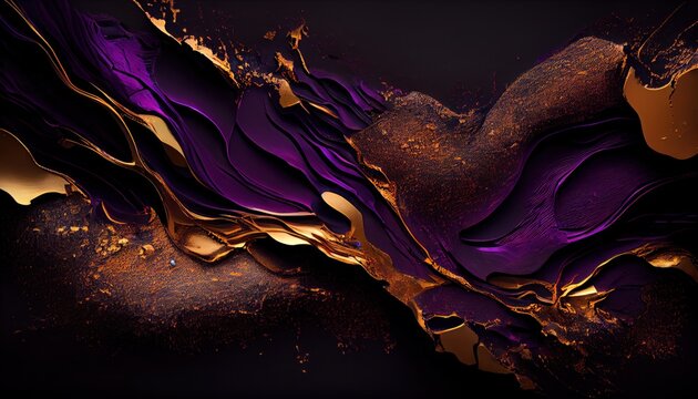 Abstract Luxury Black And Gold Purple Texture. Dark And Golden Violet Textured Background. Ai Generative