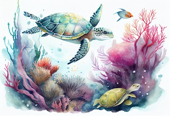 Fototapeta na wymiar Watercolor Illustration of a Underwater Coral Reef With Colorful Fish And Turtle. Marine Life. Generative AI