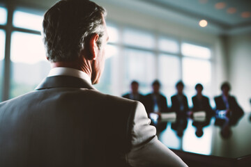 In a skyscraper's meeting room, a successful businessman leads investment discussions, showcasing his financial acumen and management prowess. Generative AI