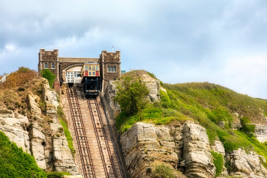 East Hill Lift Upper Station of the East Hill Cliff Railway Funicular in Hastings, England, with a Cable Car Docking