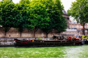 Obraz premium Old Vessel Moored on the River Seine in Paris, France, on a Summer Day