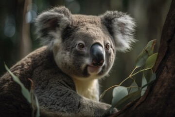 Obraz premium On a tree is a koala. in a forest in Australia. Generative AI