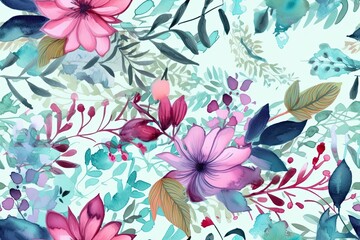 Fototapeta na wymiar Flowers and leaves in watercolor are seamless. for wallpaper, textiles, and other printing. Generative AI