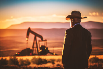 A successful businessman oversees his crude oil extraction investment, managing operations in a bustling oil well field as the industry thrives - Generative AI