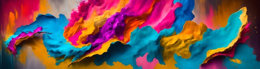 Fototapeta na wymiar Colorful paint scrape on wall splash, widescreen background. Generative AI