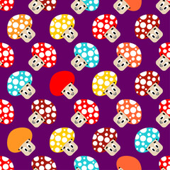 Naklejka na ściany i meble Cute amanita pattern seamless. Cheerful cartoon red mushroom background