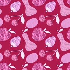 Cartoon fruit harvest seamless apples and pears and plums pattern for wrapping paper and fabrics and linens