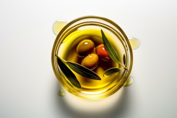 wide angle photography of olive oil on the white background, isolated, natural lighting, cinematic lighting, dramatic lighting Generative AI