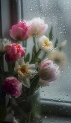  flowers behind the fogged glass Generative AI