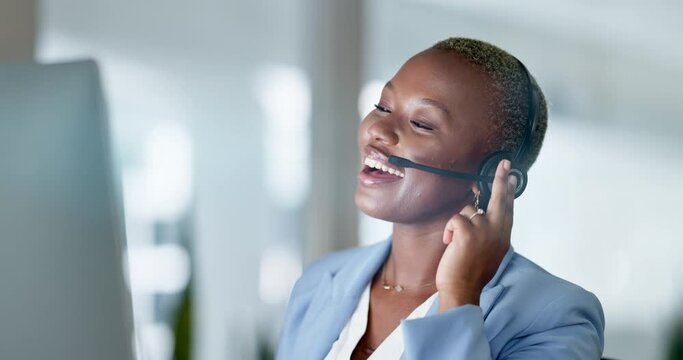 Call center, computer and friendly woman in virtual communication, online meeting or global consulting in night office. Business African person talking on headset support, update or crm networking