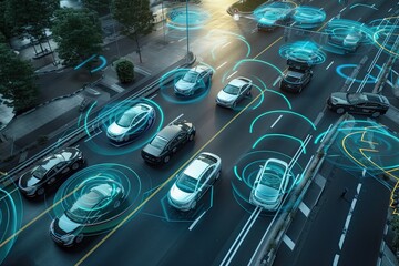Aerial Top Down View of Autonomous Self Driving Car Passing Other Vehicles in City. Artificial intelligence digitalizes and analyzes the road ahead in this scanning visualization concept. Generative - obrazy, fototapety, plakaty