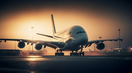 Airbus A380 airplane landing at sunset - obrazy, fototapety, plakaty