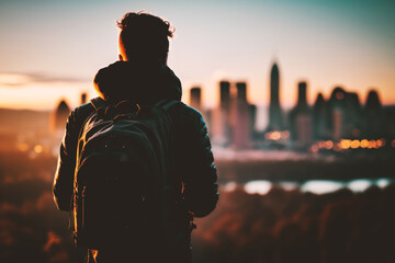 A young student arrives in the big city, gazing at the skyline as the sun sets, filled with excitement and aspirations for a bright and adventurous future. Generative AI
