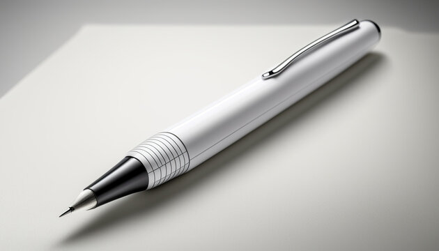 Illustration of top view of a rollerball pen placed on a piece of white paper. Business background, business idea. 3D realistic illustration. Based on Generative AI