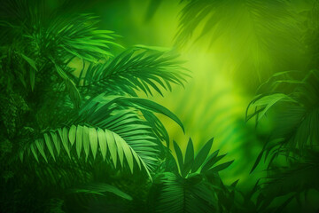 Naklejka na ściany i meble Tropical green fresh nature ecology in sunlight photosynthesis. Sunlight shining on tropical palm leaf. 3D realistic illustration. Based on Generative AI