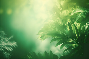 Obraz premium Tropical green fresh nature ecology in sunlight photosynthesis. Sunlight shining on tropical palm leaf. 3D realistic illustration. Based on Generative AI