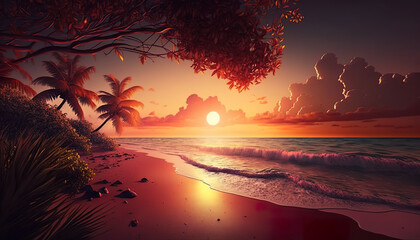 Illustration of tropical beach with sunset in cinematic mood. Beautiful tropical sunset scenery. 3D realistic illustration. Based on Generative AI